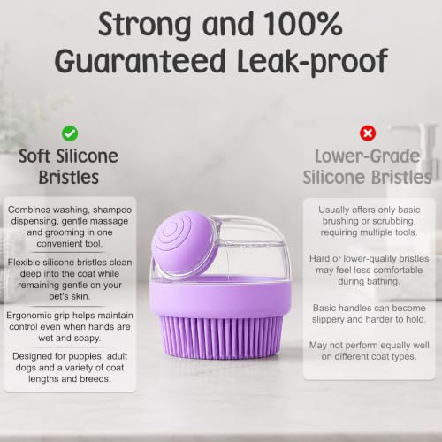 Dog Bath Brush with Shampoo Dispenser | Silicone Pet Grooming Scrubber for Dogs Cats and Puppies | Rubber Curry Tool for Bathing Deshedding and Massage | Easy Grip One Handed Design - color: Purple