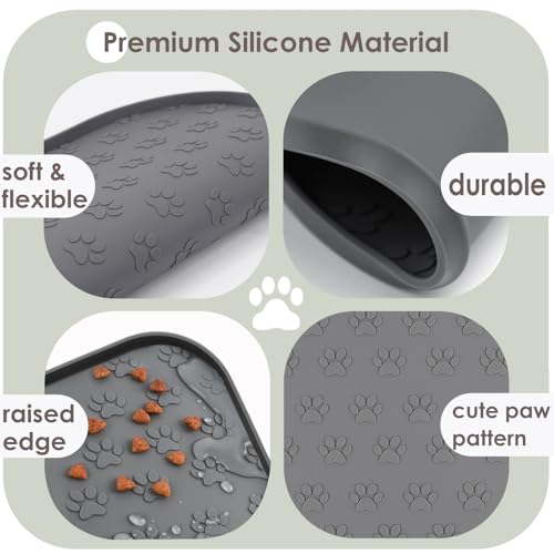 2 Pack Pet Feeding Mats, Waterproof Anti-Slip Placemats for Dog Cat Bowl Silicone Pet Food Mat, Raised Edge Prevent Spills on Floor & Carpet, Dishwasher Safe (2 Gray, 11" x 11") - color: 2 Gray