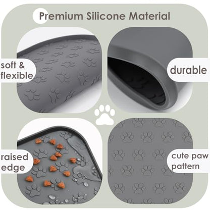 2 Pack Pet Feeding Mats, Waterproof Anti-Slip Placemats for Dog Cat Bowl Silicone Pet Food Mat, Raised Edge Prevent Spills on Floor & Carpet, Dishwasher Safe (2 Gray, 11" x 11") - color: 2 Gray