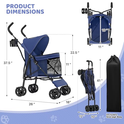 Magshion Compact Pet Stroller for Small-Medium Dogs/Cats up to 22lbs, 4-Wheel Lightweight Umbrella Shaped Portable Puppy Travel Jogger with Breathable Mesh, Cup Holder & Rear Storage, Navy Blue - color: Navy Blue, style: Up to 22 lbs