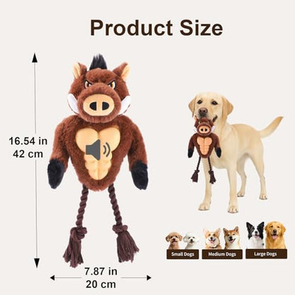 Boar Rope & Plush Dog Toy with Squeaker, Interactive Tug Toy for Medium to Large Dogs, Multi-Texture Toy for Tug, Toss & Supervised Play - color: Brown