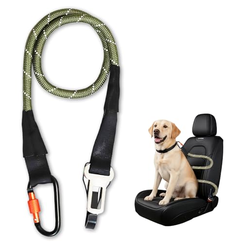 Dog Seat Belt for Car, Reflective Heavy-Duty Dog Seatbelt for Vehicle, Dual Clip Hook, Buckle and Carabiner, Strong Rope, Pet Tether Safety Restraint for All Dogs Holiday Outdoor Travel, Green