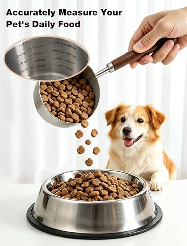 Dog Food Scoop 1 Cup with Cleaning Towel and Drying Rack, 304 Stainless Steel Dog Food Measuring Cup with Walnut Handle, Dishwasher Safe Pet Food Scoop for Dogs and Cats
