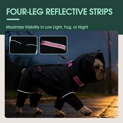 Kouser Waterproof Full-Body Coverage Dog Raincoat, Black 2XL | Dog Raincoat with Reflective Stripes, Adjustable Dog Rain Jacket with Leash D-Ring, Hooded Poncho for Small Medium Large Dogs - color: Black, size: XX-Large(Back Length:23.62")