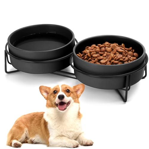 Ceramic Dog and Cat Bowl Set with Stand, 1.7 Cups Dog Food and Water Bowl Suitable for Small and Medium Pets (13.5oz Black) - color: Black, size: 13.5oz