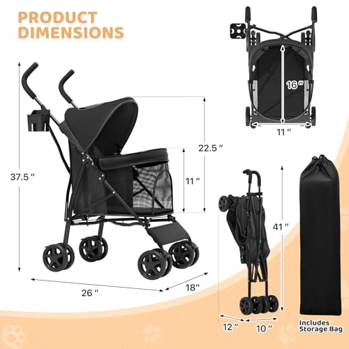 Magshion Compact Pet Stroller for Small-Medium Dogs/Cats up to 22lbs, 4-Wheel Lightweight Umbrella Shaped Portable Puppy Travel Jogger with Breathable Mesh, Cup Holder & Rear Storage, Black - color: Black, style: Up to 22 lbs