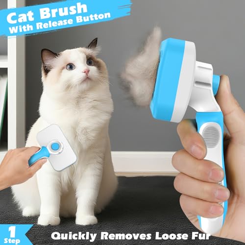 3PCS Cat Grooming Supplies, Cat Brush & Nail Clipper/Trimmer & Flea Comb for Shedding Indoor Cats Essentials Stuff Accessories (Blue) - color: Blue