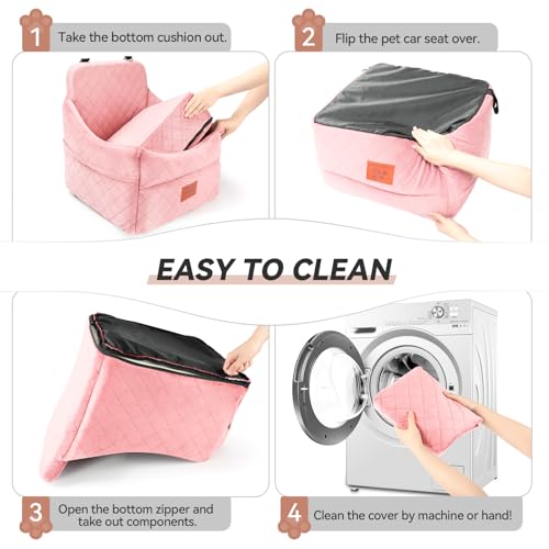 Dog Car Seat for Small/Medium Dogs, Dog Booster Car Seats with Thick Cushion for Dogs Under 35lbs, Detachable Washable Pet Bed with Storage Pockets, 2 Safety Belts (Pink) - color: Pink