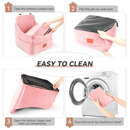 Dog Car Seat for Small/Medium Dogs, Dog Booster Car Seats with Thick Cushion for Dogs Under 35lbs, Detachable Washable Pet Bed with Storage Pockets, 2 Safety Belts (Pink) - color: Pink