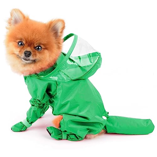 PAIDEFUL Small Dog Full Body Coverage Raincoat Solid Four-Leg Onesie Rain Jacket Waterproof Hoodie Puppy Clothes Button Lightweight Cats Costume, Green, L - color: green, size: L: Chest: 17.7", Back: 14.6"