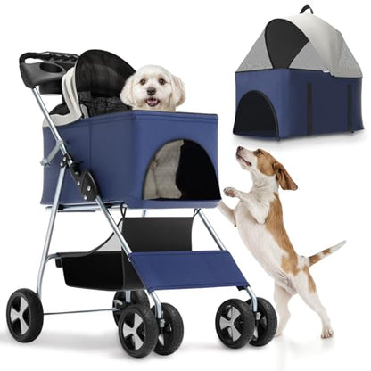 Magshion Foldable Pet Stroller, 3-in-1 Dog Travel Jogger with Detachable Carrier, Cup Holder, Storage Basket, Folding Carrier for Small/Medium Dogs & Cats Up to 33 lbs, Navy Blue - color: Navy Blue, style: Up to 33 lbs