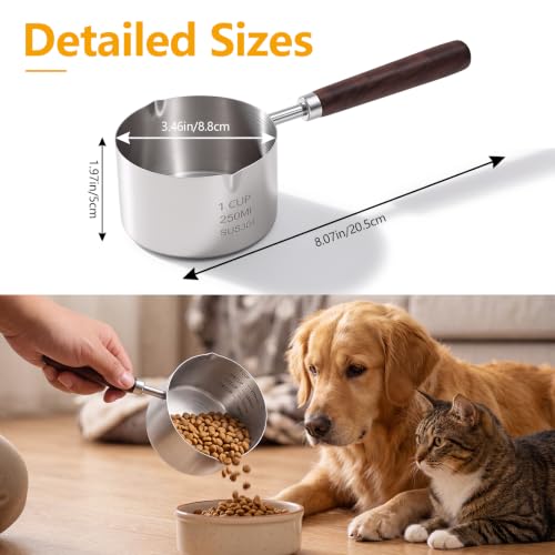 Ondware Dog Cat Food Scoop Measuring Cup, 1 Cup 304 Stainless Steel Pet Food Scoop with Precision Scale Measurements, Wooden Handle, Portion Control for Pets, Dishwasher Safe
