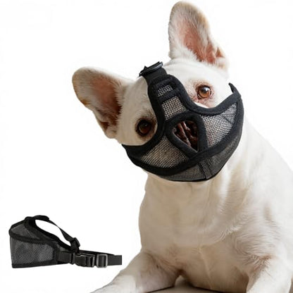 Short Snout Dog Muzzle for French Bulldog, Pug, English Bulldog, Soft Mesh Breathable Muzzle, Anti Biting Chewing Barking, Adjustable Pet Muzzle for Small Medium Dogs