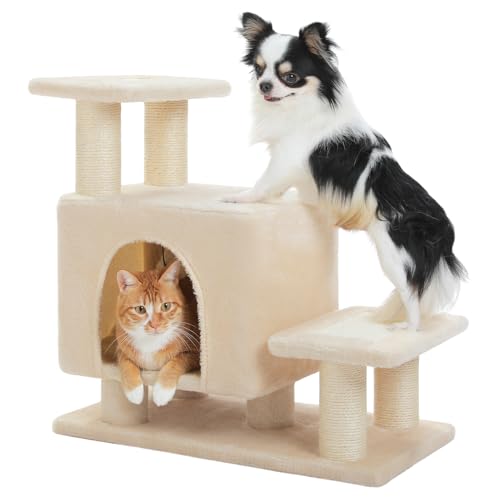 3-in-1 Dog Stairs & Cat Scratching Post with Condo, Pet Steps for High Beds, Sofa, Couch, Tall Cat Tower, High-Strength Boards for Indoor Small Cats Kittens Dogs Climbing Playing, 3 Steps-Beige - color: Beige