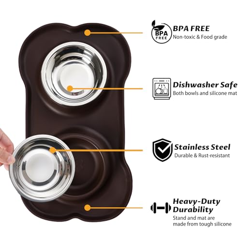 Hubulk Pet Dog Bowls 2 Stainless Steel Dog Bowl with No Spill Non-Skid Silicone Mat + Pet Food Scoop Water and Food Feeder Bowls for Feeding Small Medium Large Dogs Cats Puppies (Small, Chocolate) - color: Chocolate, size: Small