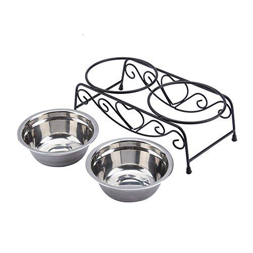 Raised Dog Bowls, Stainless Steel Double Pet Food Feeder Cat Water Dispenser Dish Bowls with Retro Iron Stand for Small or Medium Dogs Cats Puppy