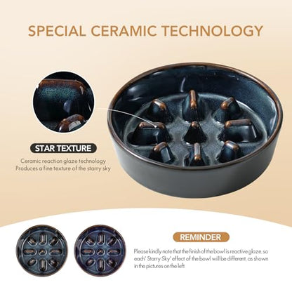 Havniva 0.9 Cup Elevated Slow Feeder Dog Bowls, 6.1” Dog Slow Feeding Bowls + 6.1” Ceramic Dog Water Bowls Set with Acacia Wood Stand, Dog Food Bowls Puzzle Feeder for Small Dogs Non-Slip Anti-choking - color: 2 x Starry Sky + Stand - C, size: S- 6.1inch