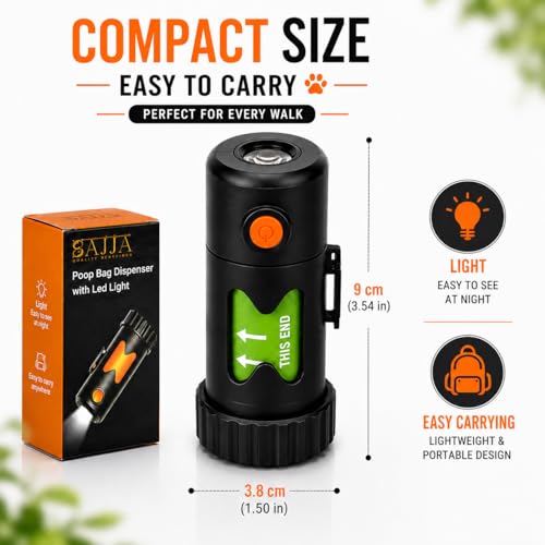 Smart Poop Bag Holder With LED Light - No Batteries Needed - USB-C Rechargeable Special Retracting Function Compact Durable Lightweight Perfect Pet Gift Comes With free 150 bags and Charging Cable