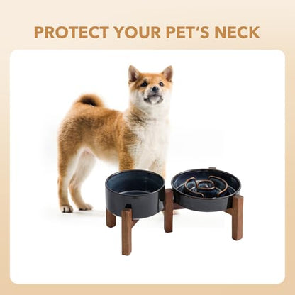 Havniva 1.2 Cup Elevated Slow Feeder Dog Bowls, 7.3” Dog Slow Feeding Bowls + 6.1” Ceramic Dog Water Bowls Set with Acacia Wood Stand, Dog Food Bowls Puzzle Feeder for Small Dogs Non-Slip Anti-choking - color: 2 x Starry Sky + Stand - A, size: M- 7.3inch