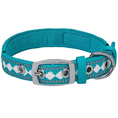 Blueberry Pet Reflective Jacquard Dog Collar with Neoprene Padding & Metal Buckle | Soft & Adjustable Safety Collar - Peacock, Neck 9-12.5", for Small Breed - color: Metal Buckle-Peacock, size: Small