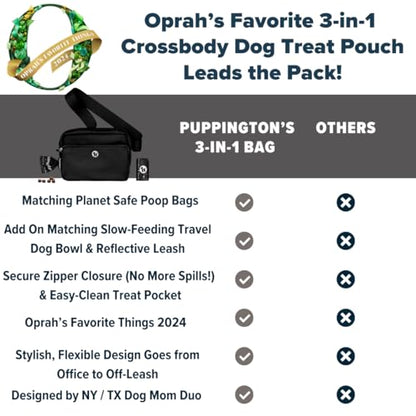 Puppington 3-in-1 Crossbody Dog Walking Bag & Treat Pouch with Matching Planet Safe Poop Bags & Built-In Dispenser - Dog Mom Gift for Puppy Training with Zippered Pockets (Onyx Black) - color: Onyx Black