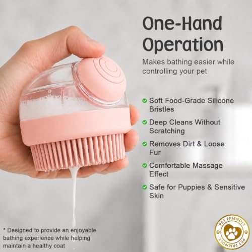 Dog Bath Brush with Shampoo Dispenser | Silicone Pet Grooming Scrubber for Dogs Cats and Puppies | Rubber Curry Tool for Bathing Deshedding and Massage | Easy Grip One Handed Design - color: Pink