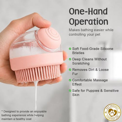Dog Bath Brush with Shampoo Dispenser | Silicone Pet Grooming Scrubber for Dogs Cats and Puppies | Rubber Curry Tool for Bathing Deshedding and Massage | Easy Grip One Handed Design - color: Pink