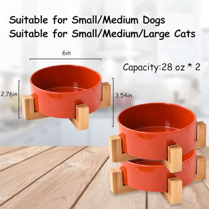 Petygooing Ceramic Dog Cat Bowl Set with Stand - Medium Dog Bowls, Anti-Slip Set of 2 - 28 OZ /3.6 Cups - Rust Red - color: Rust Red, size: Medium Size Dog Bowls 850ML*2