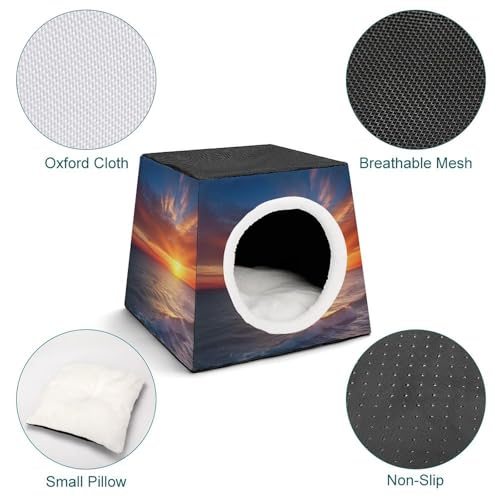 Collapsible Soft Dog Crate Pet Kennel Houses Sea and Sunset Printed Lightweight Travel Crate Kennel Indoor & Outdoor, 13.8"x13.8"x11.8"
