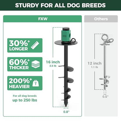 FXW ROOTIE Heavy Duty Dog Tie-Out Stake, Dog Anchor for Yard, Camping, Spiral Ground Design with 360° Swivel Ring for Large Dogs up to 250lbs │ Works with Dog Cable, Leash or Tether│Patent Pending