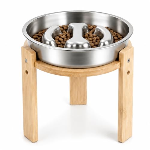 Elevated Slow Feeder Dog Bowl for Medium Dogs, Adjustable Raised Dog Bowl Stand with Stainless Steel Slow Feed Bowl, Reduces Choking & Improves Digestion, Non-Slip Bamboo Stand - color: natural