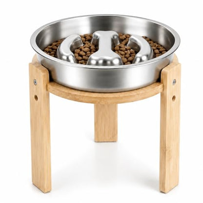 Elevated Slow Feeder Dog Bowl for Medium Dogs, Adjustable Raised Dog Bowl Stand with Stainless Steel Slow Feed Bowl, Reduces Choking & Improves Digestion, Non-Slip Bamboo Stand - color: natural