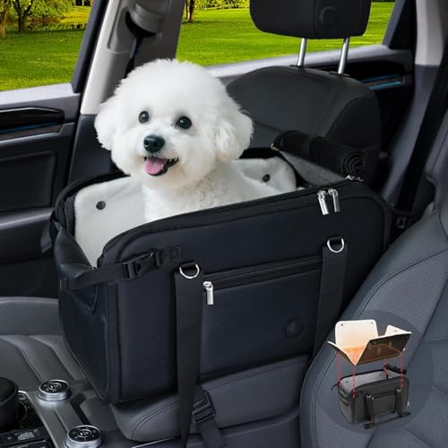 YUDODO 10-18lbs Large Console Dog Car Seat (Width＞9.5in) Fits Truck & SUV, Luxury Puppy Cat Travel Portable Booster Seat with Removable Velvet Cushion, Anti-Slip Pet Car Bed Carseat PU Leather Black - color: Black with Cushion, size: L (Truck SUV) (10-18l