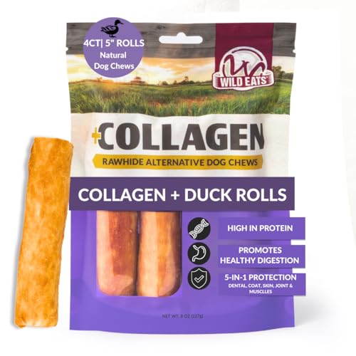Wild Eats Duck Flavor Collagen Cheek Roll Chews 5" 4pk, Pig Ear Substitute | Long lasting treats and bones for medium breeds, retriever style texture, 4 per bag, satisfies natural gnawing urges daily - size: 8 Ounce (Pack of 4)