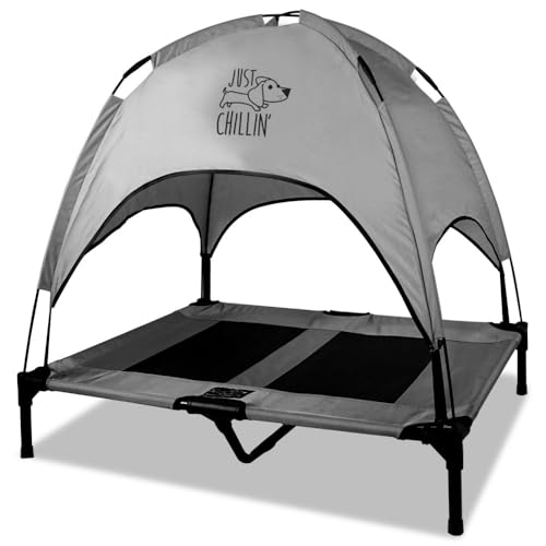 Just Chillin Large Elevated Dog Bed. Cool Cot with Removable Canopy Shade. Indoor or Outdoor Pet Use. Lightweight and Portable. Chill in Style on Raised Breathable Mesh Fabric.