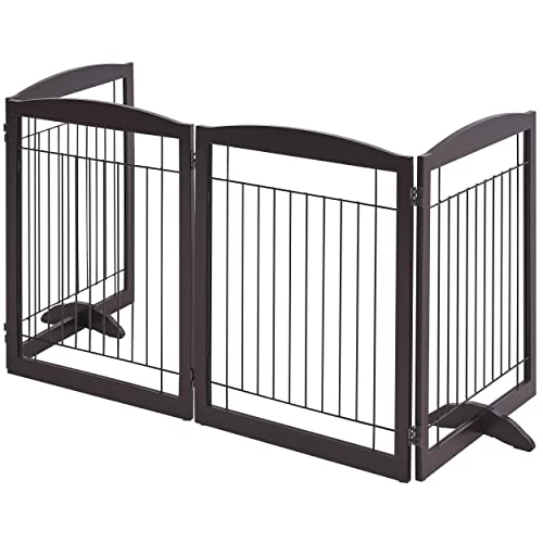 Yaheetech 32" Tall Freestanding Dog Gate, Extra Wide Pet Fence, Foldable Wire & Wooden Puppy Safety Barrier with Support Feet for House Doorway Stairs(Espresso,4 Panels)