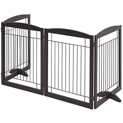 Yaheetech 32" Tall Freestanding Dog Gate, Extra Wide Pet Fence, Foldable Wire & Wooden Puppy Safety Barrier with Support Feet for House Doorway Stairs(Espresso,4 Panels)