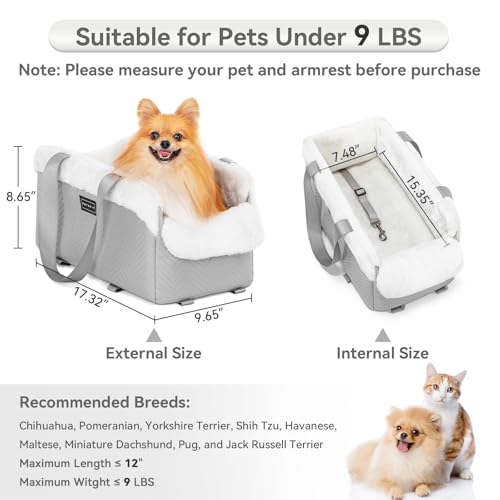 PETSFIT Console Dog Car Seat, Portable Small Dog Car Seat with Safe Protective Hooks, Luxury Dog Carseat Includes Safety Leash and Storage Pocket for Pets Up to 9 lbs (Grey) - color: Grey
