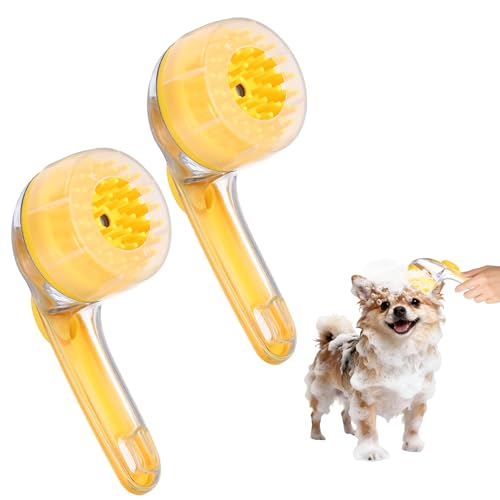 Pet Bath Brush, Dog Shampoo Brush New 2 in 1 Grooming Massage Scrubber Bubble Maker with Ring Built-in Shampoo Dispenser(Coarse,Yellow), for Long Short Hair Cats Shower - color: Yellow