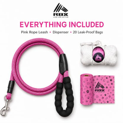 RBX Rope Dog Leash Set, 5 ft Padded Handle Leash for Small/Medium Dogs with 360° Swivel Clip, Poop Bag Dispenser, 20 Waste Bags, Durable Walking Lead for Daily Use - color: Pink