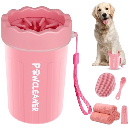 Professional 7 in 1 Dog Paw Cleaner for Dogs - Includes 1 Portable Paw Washer, 1 Bath Brush, 2 Dog Toothbrushes and 3 Absorbent Towels Note: Fits Paws 1.5 to 2.5 Inches Wide (Medium, Light Pink) - color: Light Pink, size: Medium