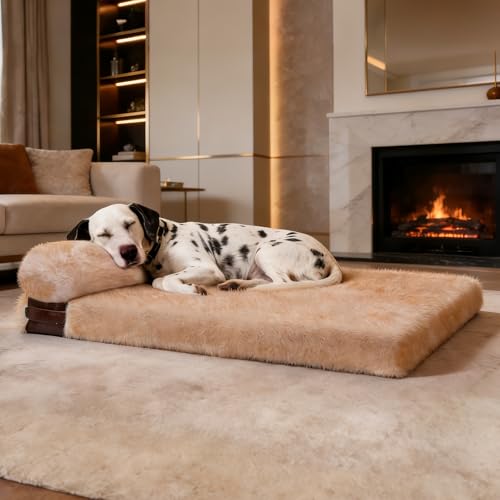 XXXL Dog Bed for Giant Breeds, Washable Faux Fur Sofa Couch with Removable Cover, Orthopedic Egg Crate Foam & Bolster Pillow, Non-Slip Waterproof Base, 52.3"x41.3"x3.8" - size: 53''L*42''W*3.8''Th