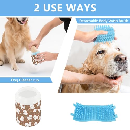 Cute Animals Dogs Brown Print Dog Paw Cleaner Cup with Soft Silicone Brush, Portable Lightweight Small Muddy Paw Washer for Dogs, Easy to Use Pet Foot Cleaner