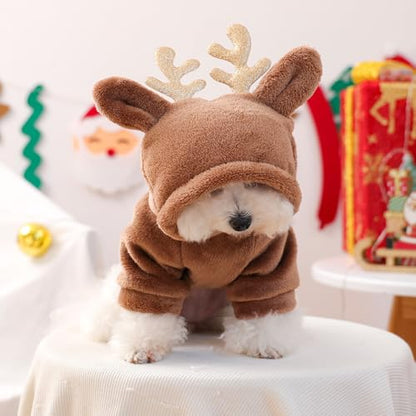 Reindeer Dog Costume Christmas Small Dog Hoodies with Antlers and Plush Ears Fleece Puppy Sweatshirt Winter Cat Clothes Cold Weather Coat Pet Santa Outfit (Brown, Small) - size: Small