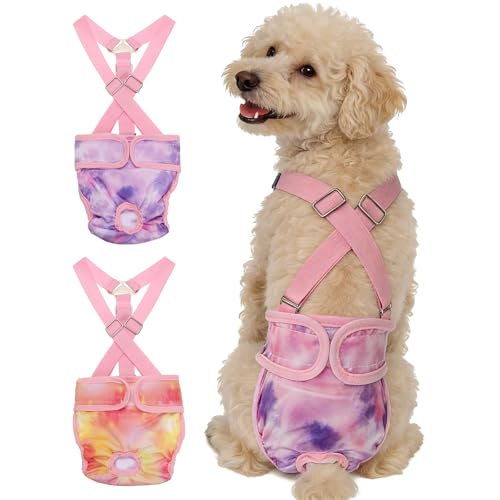 Washable Female Dog Diapers with Suspender, Reusable Dog Diapers Absorbent Leakproof(Tie-Dye Orange Yellow/Tie-Dye Purple S, 2Pcs), Intended for Female in Heat Cycle - color: Tie-Dye Orange Yellow/Tie-Dye Purple, size: S