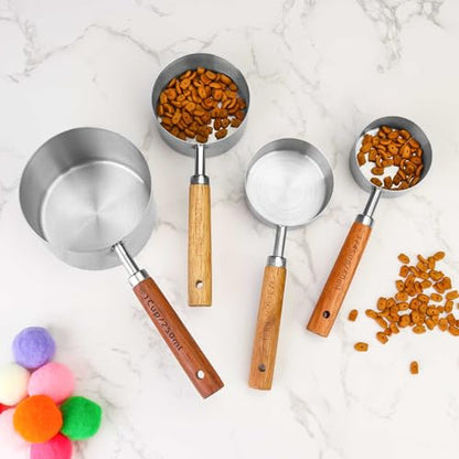 4 Packs Dog Food Scoop Measuring Cup with Wooden Handle, Stainless Steel Pet Food Scoop Dog Food Measuring Cup for Dogs Cats Birds and Rabbits, 1 Cup, 1/2 Cup, 1/3 Cup and 1/4 Cup 4 Packs