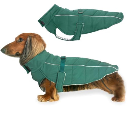DJANGO Insulated Puffer Dog Jacket with Harness Hole – Warm, Water-Repellent Winter Dog Coat Small Dogs, Dachshunds, Puppies – Adjustable, Reflective Cold Weather Dog Apparel – Lafayette Green, Small - color: Lafayette Green, size: Small