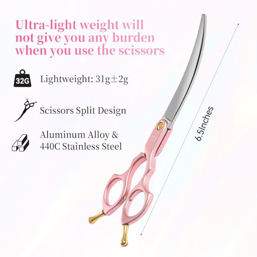 6.5'' Small Curved Dog Grooming Scissors Pink Professional Trimming Shears with Ultra-Lightweight Offset Handle CNC 440C Stainless Steel Blades Pet Scissors for Face and Paws - color: Pink Curved