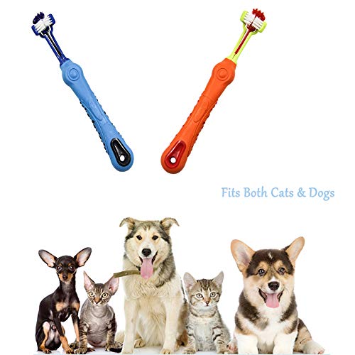 Orgrimmar 2 Pcs 3-Sided Pet Toothbrush Dog Cat Mouth Dental Teeth Care | Pet Brush for Bad Breath Tartar Cleaning - color: Blue&orange
