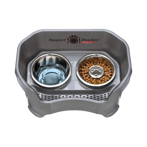 Neater Feeder Deluxe Mess Proof Dog Bowls Elevated for Medium Sized Breeds – Made in USA – No Spill Raised Slow Feeder Elevated Dog Bowl Stand, Stainless Steel Food and Water Bowl Set, Grey - color: Gunmetal Grey, size: Medium with Slow Feed Bowl